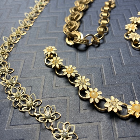 Vintage Jewelry - 3 Vintage Choker Necklaces Flowers Chain Chunky